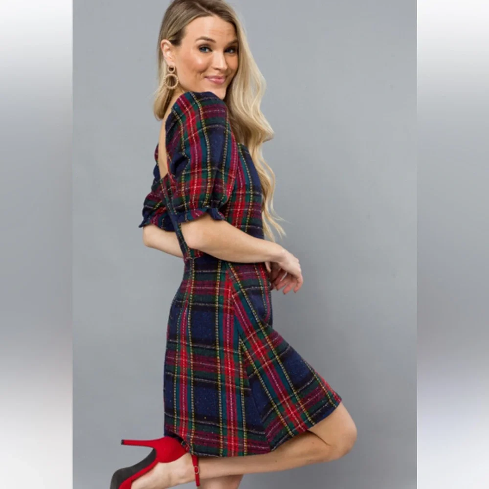 M2 NWT Vestigue HOLIDAY PLAID DRESS, NAVY/RED - Picture 3 of 10